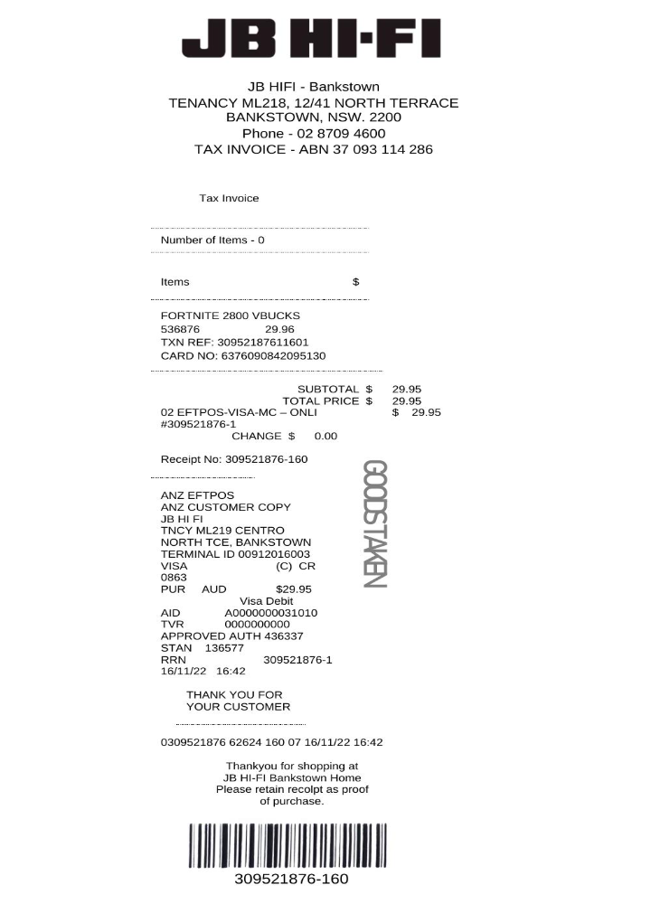 Australia JB Hi Fi tax invoice PSD template